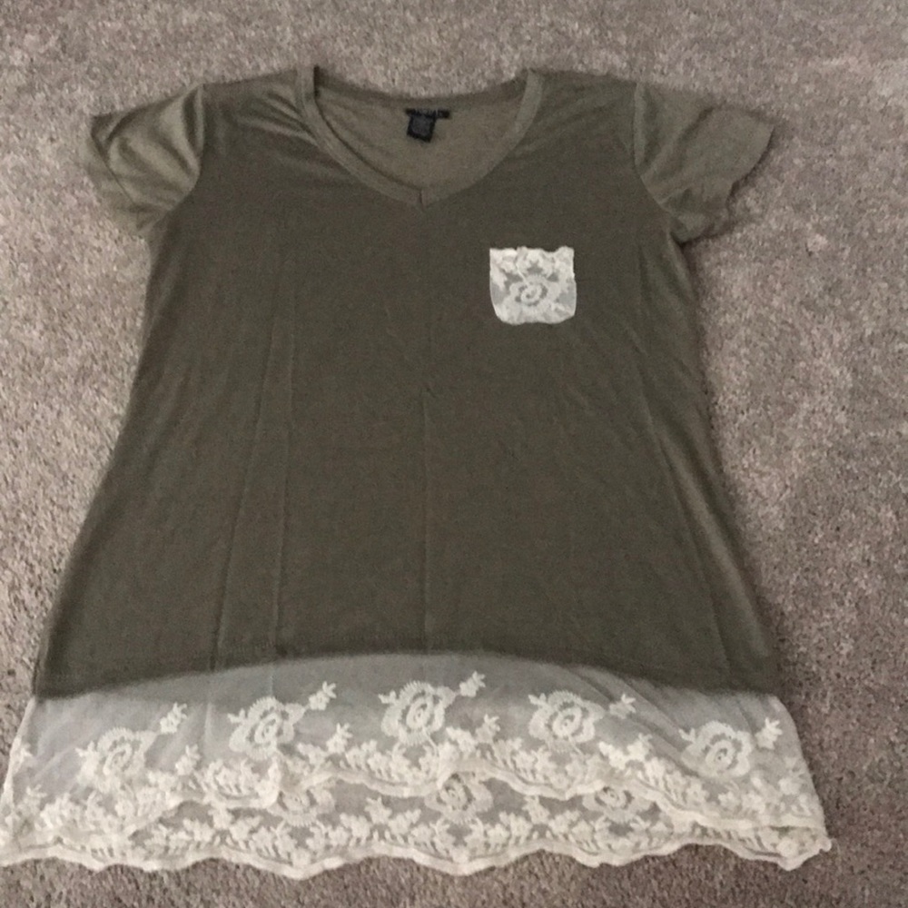Olive green T-shirt with lace bottom.